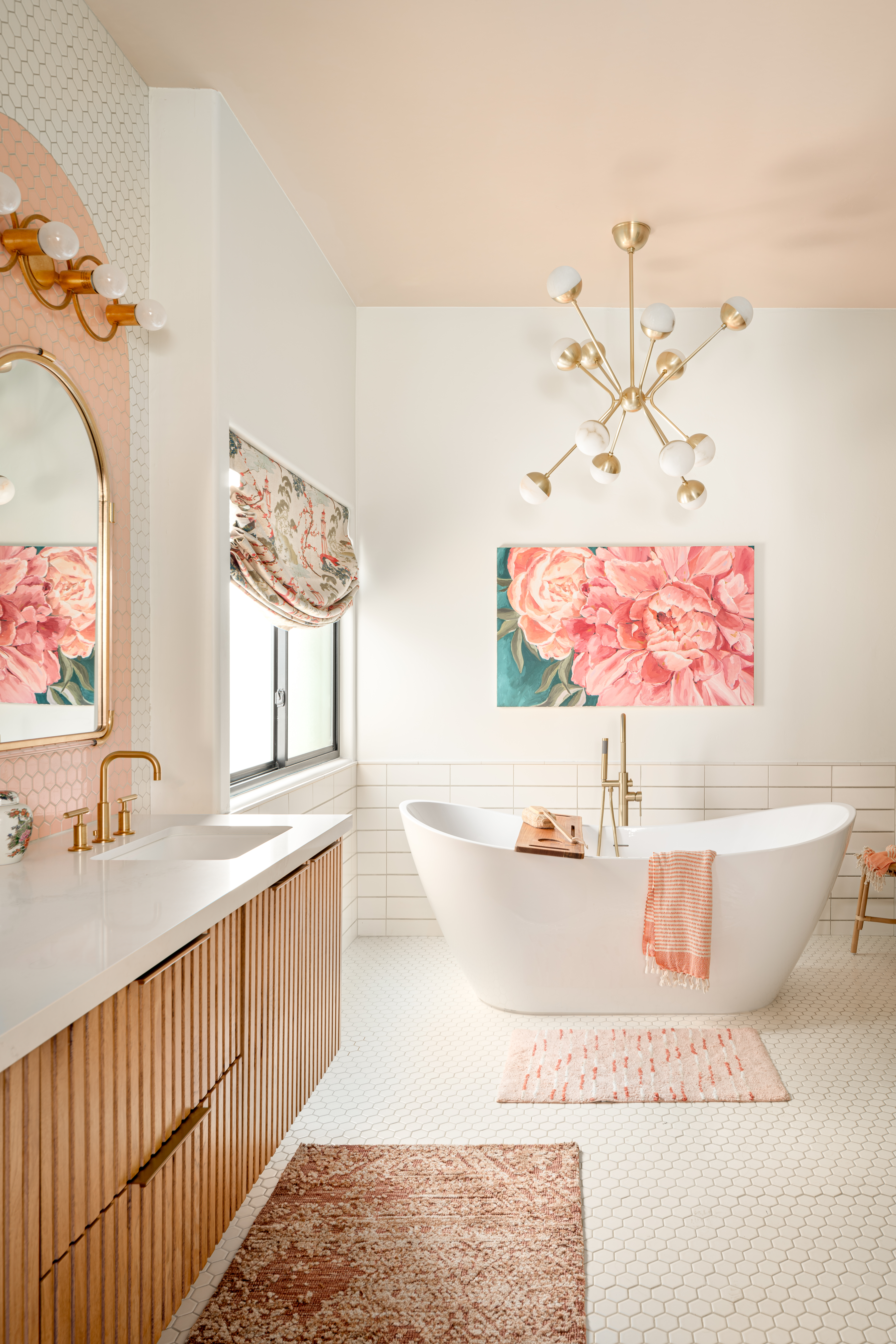white and pink bathroom white tile floor with floral decor