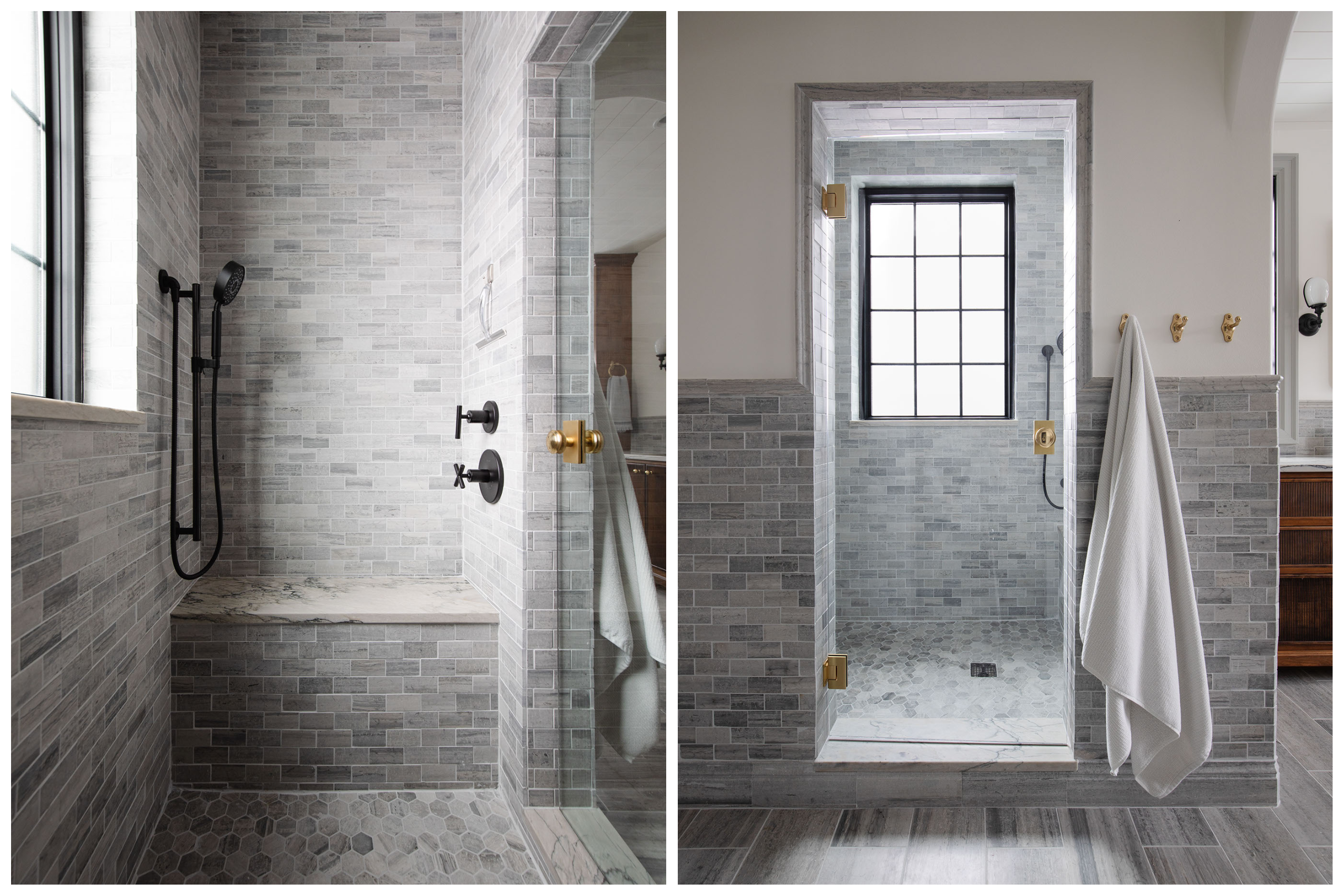 Primary bathroom with grey limestone tiled shower walls and floor