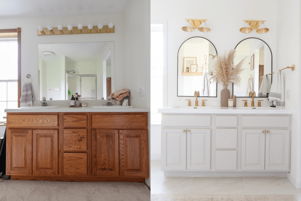 Before and after of boho bathroom with grey counters and black arched mirrors