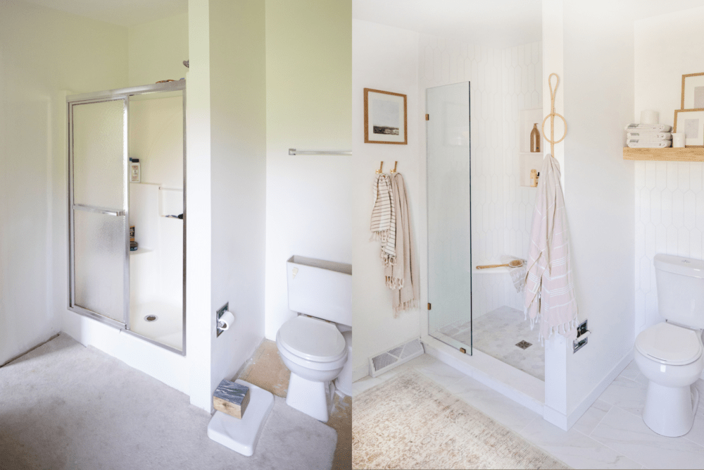 Before and after of boho bathroom with white tiled shower and marble floor