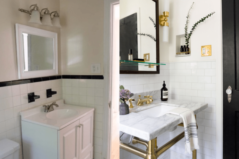 Before and after of elegant tiled bathroom with white subway tile and gold marble sink