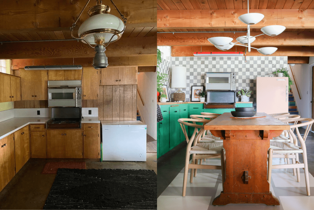 Before and after of eclectic basement kitchen with green cabinetry and tiled checkerboard backsplash