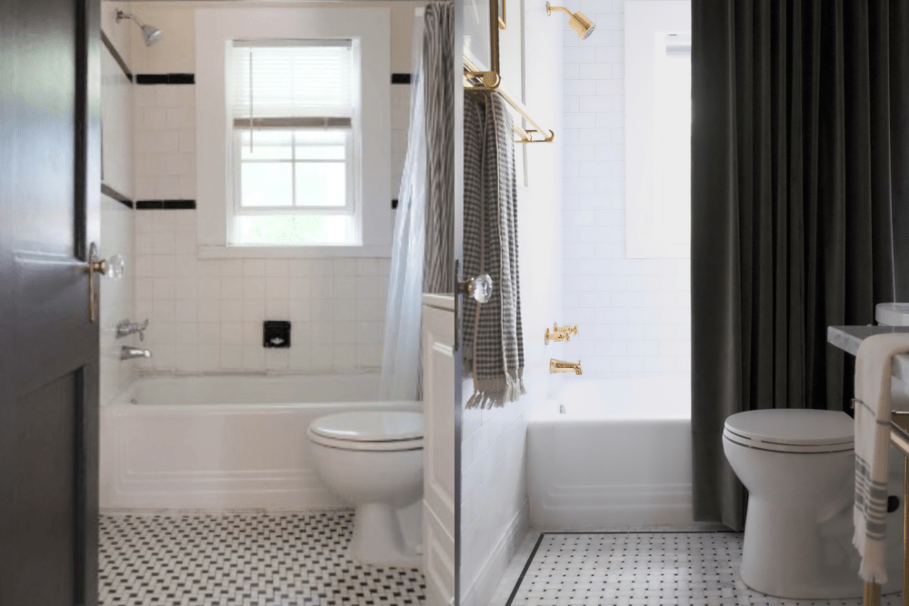 Before and after of elegant tiled bathroom with patterned marble flooring white subway tile shower