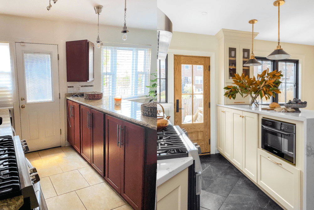 before and after of cozy country kitchen with cream cabinetry and black marble tiled flooring