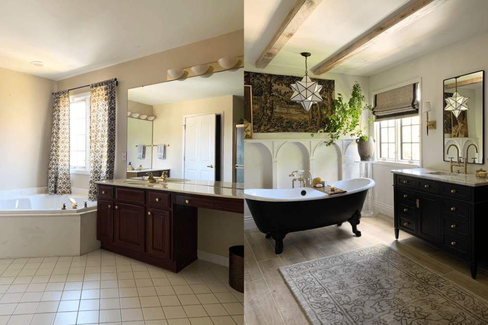 Before and after of primary bathroom with wood-look tile flooring and large black bathtub
