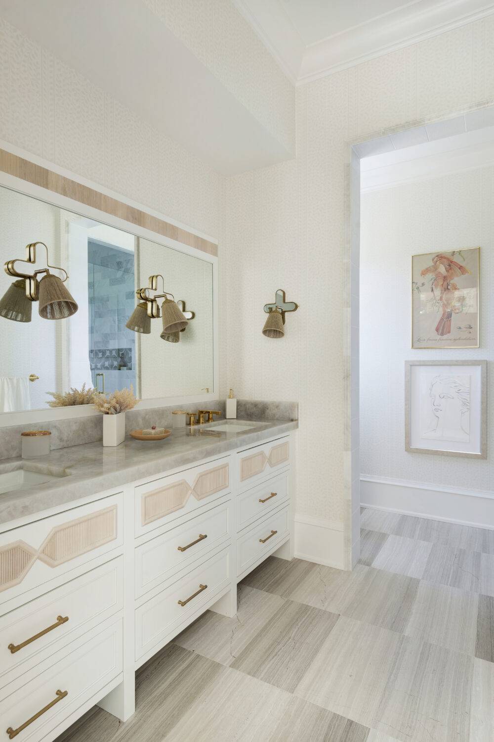 Guest bathroom sinks featuring Legno tile. 