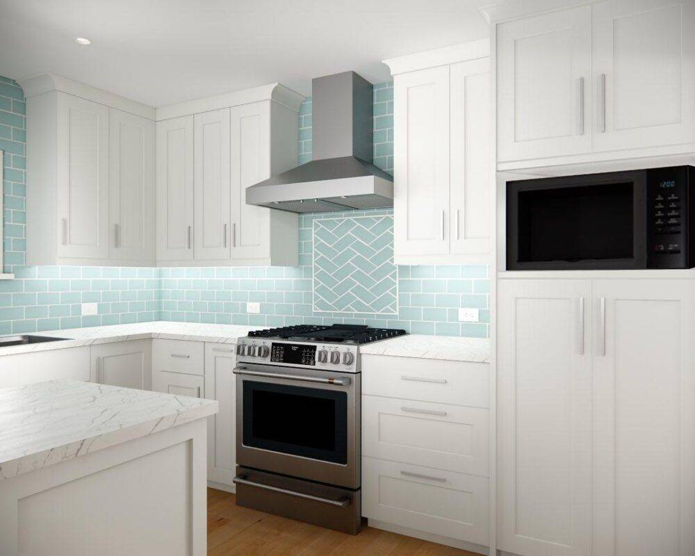 A kitchen with white cabinets and glossy sky blue subway tile backsplash. 