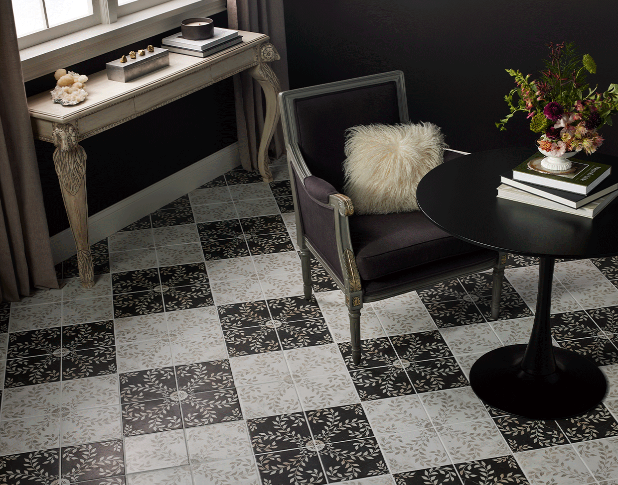 Dining room with chair and table and checkerboard black and white with floral design floor. The room slowly transitions from dim evening light to golden hour lighting.
