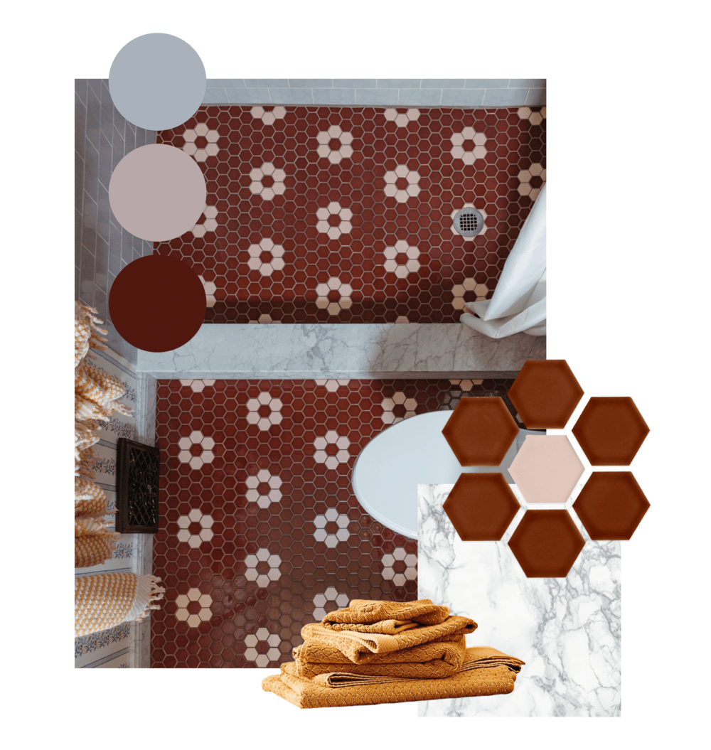 Moodboard with floral patterned hexagon tile bathroom floor, grey, pink and red color swatches and orange towels. 