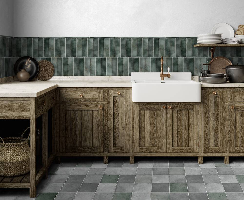 Farmhouse style kitchen with lush green tile backsplash.