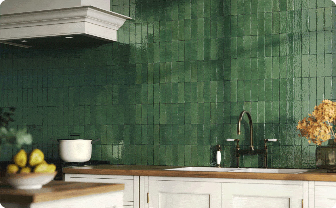 A gif of a kitchen backsplash featuring four Zellige colors: Azul, Dirty Blue, Shamrock and Turquoise.  