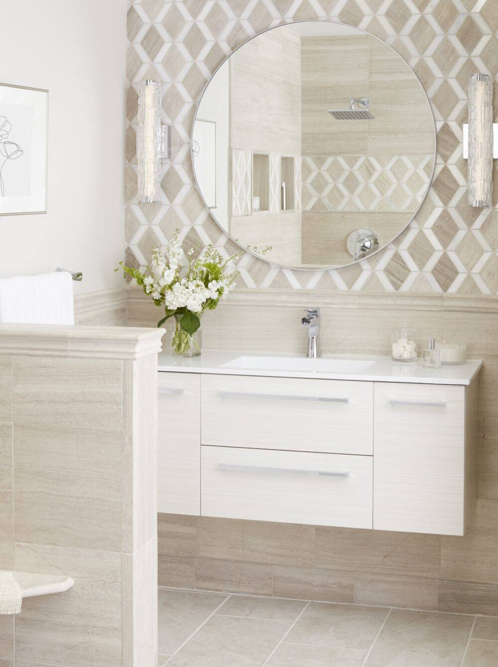 Bathroom with beige limestone tile.